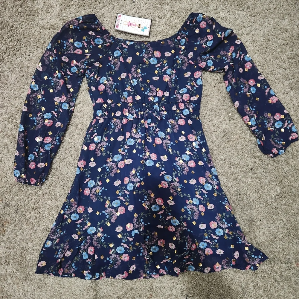 Girls' Navy Floral Long-Sleeve Casual Dress with Pink & Light Blue Flowers